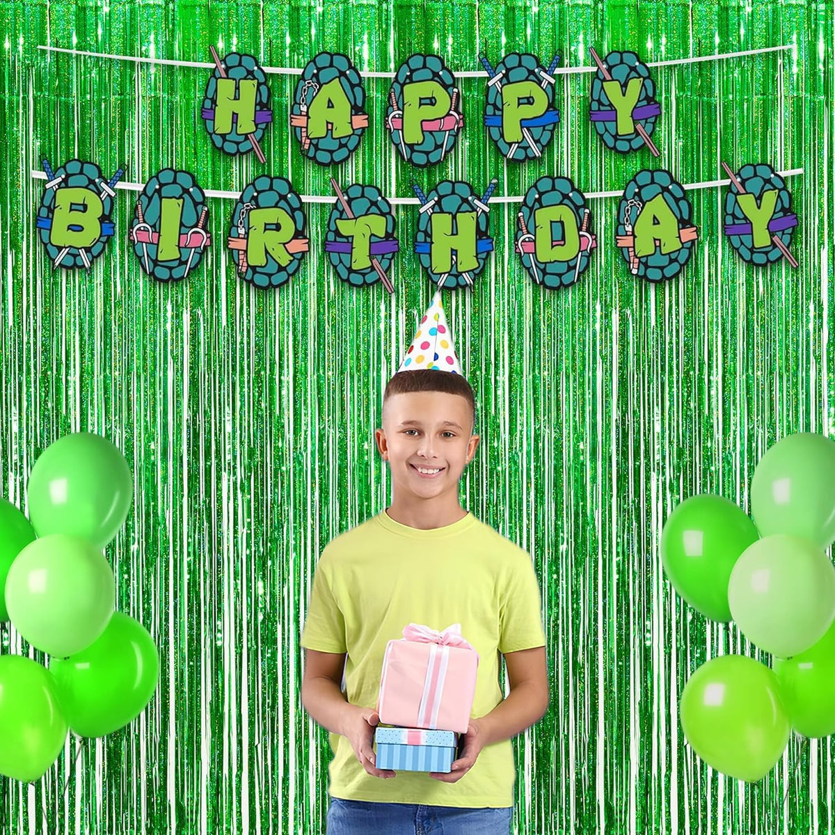 GreatRIL green tinsel curtain backdrop enhances party atmosphere for selfies and group shots