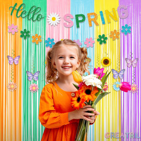 GREATRIL Pastel Tinsel Curtain hanging setup enhances party decor.