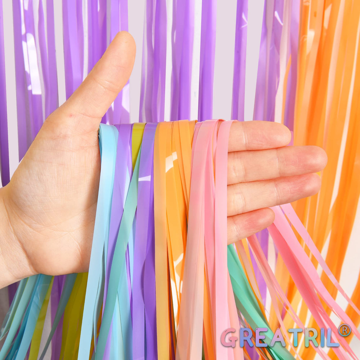GREATRIL Pastel Tinsel Curtain photo booth backdrop for memories.