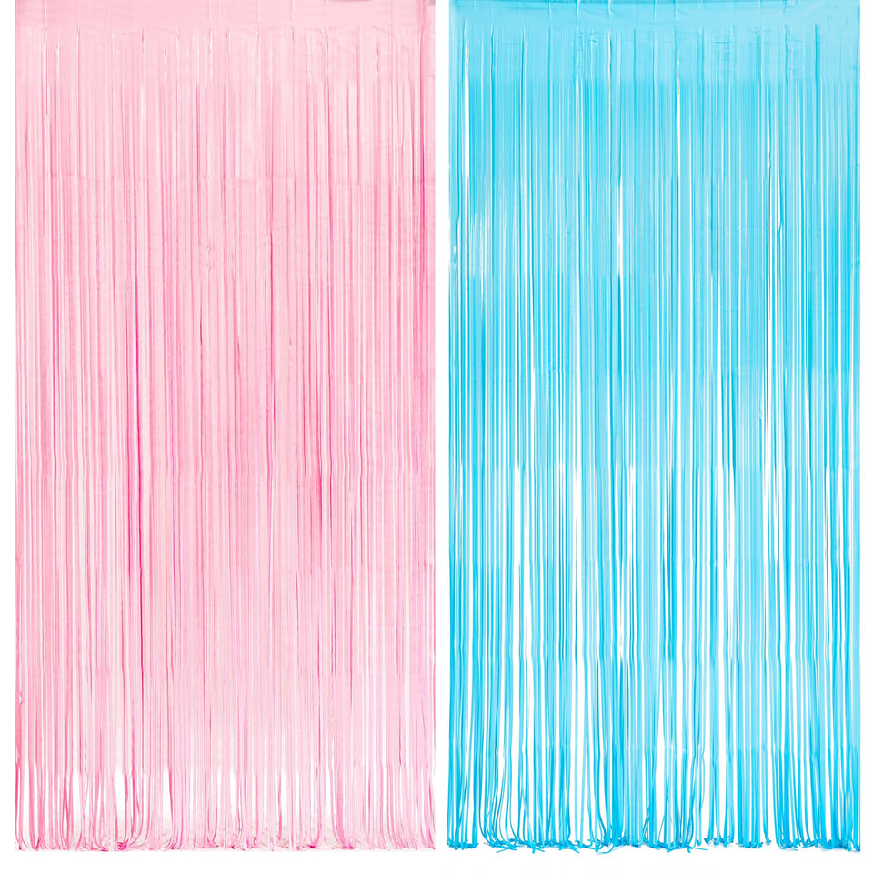 GREATRIL pink and blue foil fringe streamers backdrop for gender reveal photos