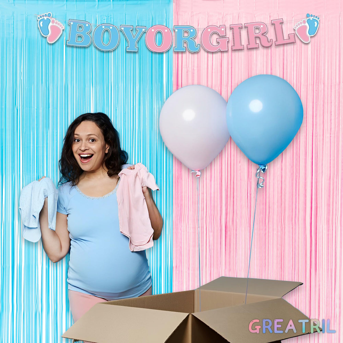 Pink-blue foil fringe streamers decorating a wall for pastel birthday