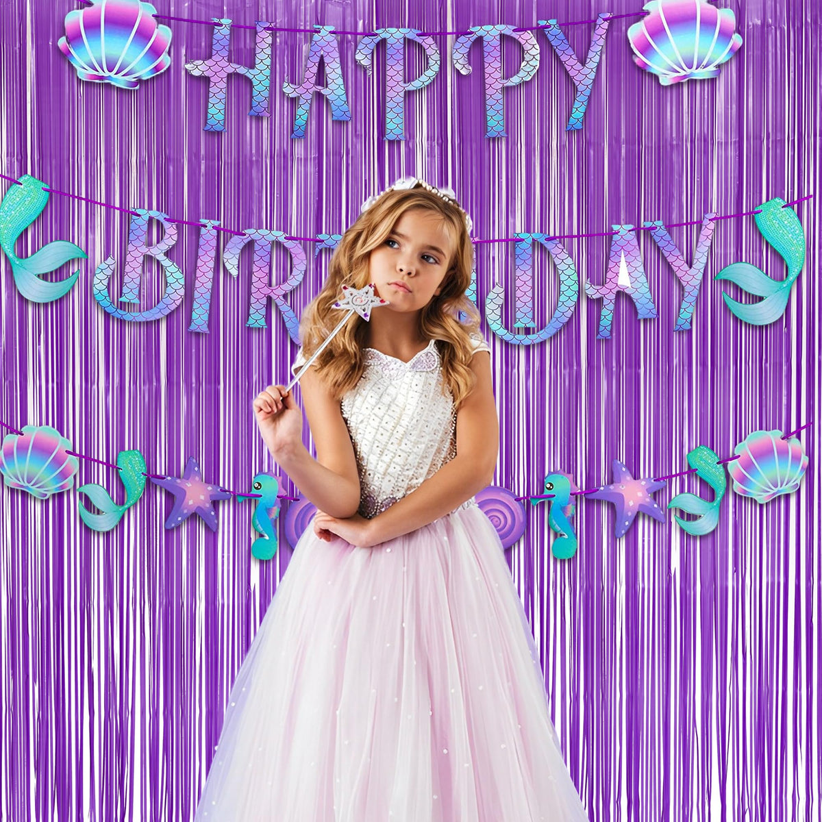 GREATRIL purple fringe backdrop closeup shows shimmering strands for a magical ambiance.