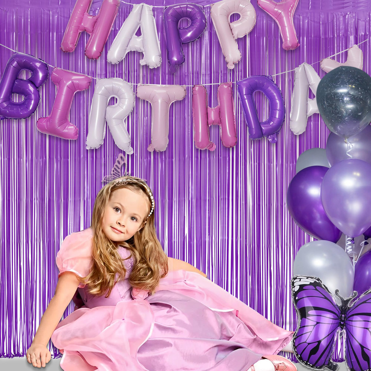GREATRIL purple fringe backdrop on walls and doors enhances lavender themed celebrations.