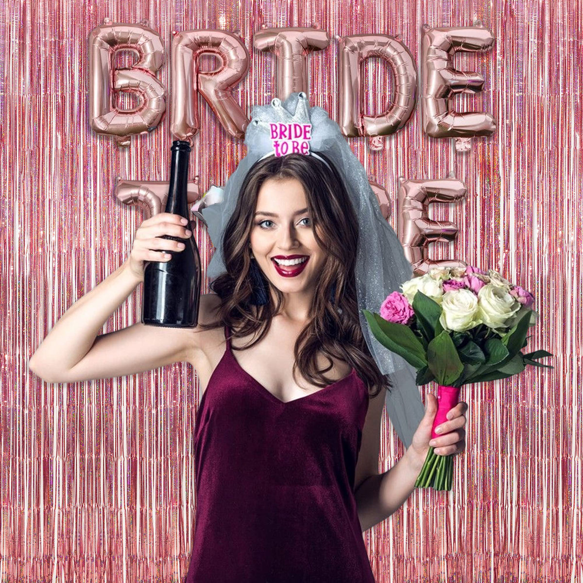 GREATRIL rose gold fringe curtain creates glamorous bridal photo booth ambiance