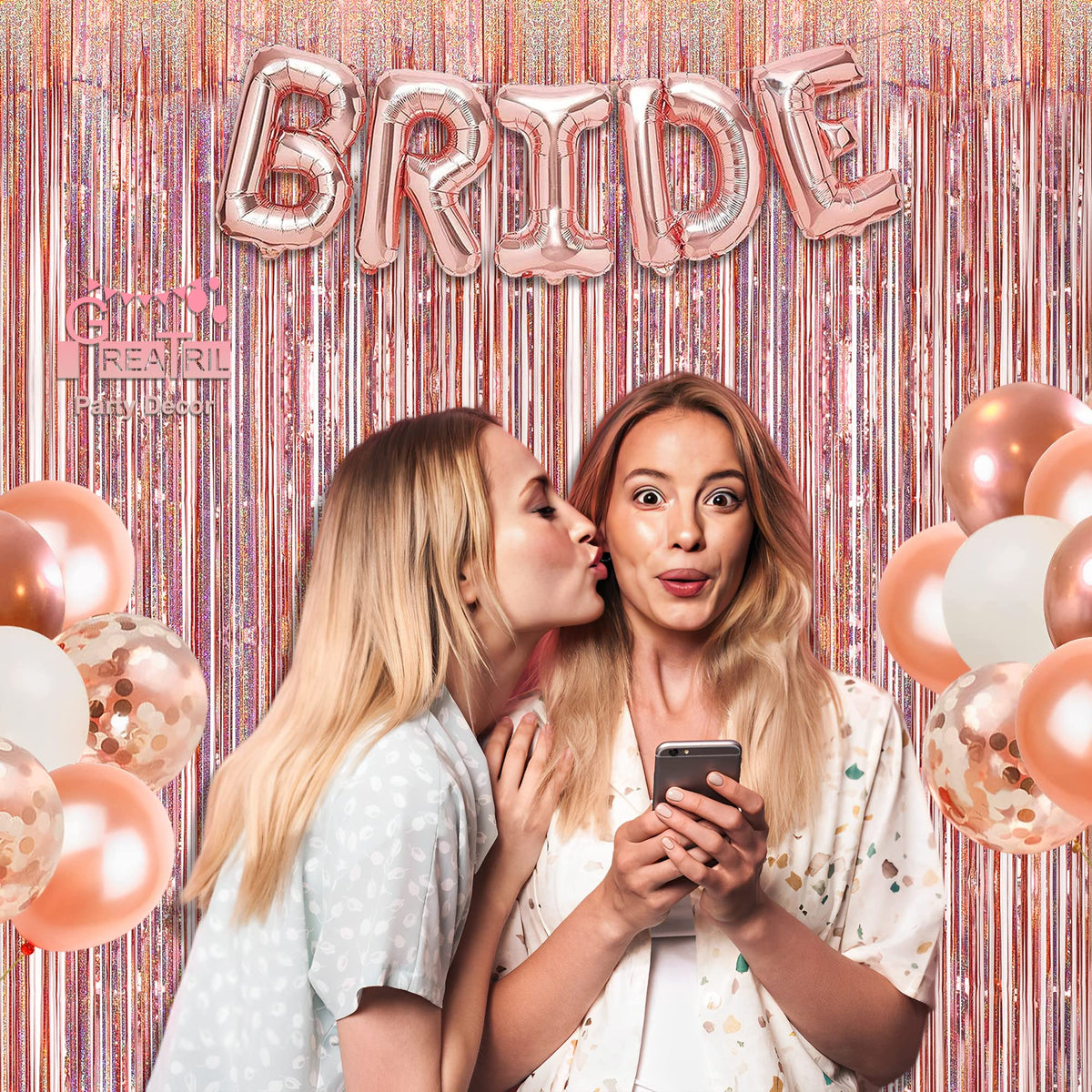 GREATRIL rose gold tinsel curtain backdrop side view showcases reflective fringe for lighting