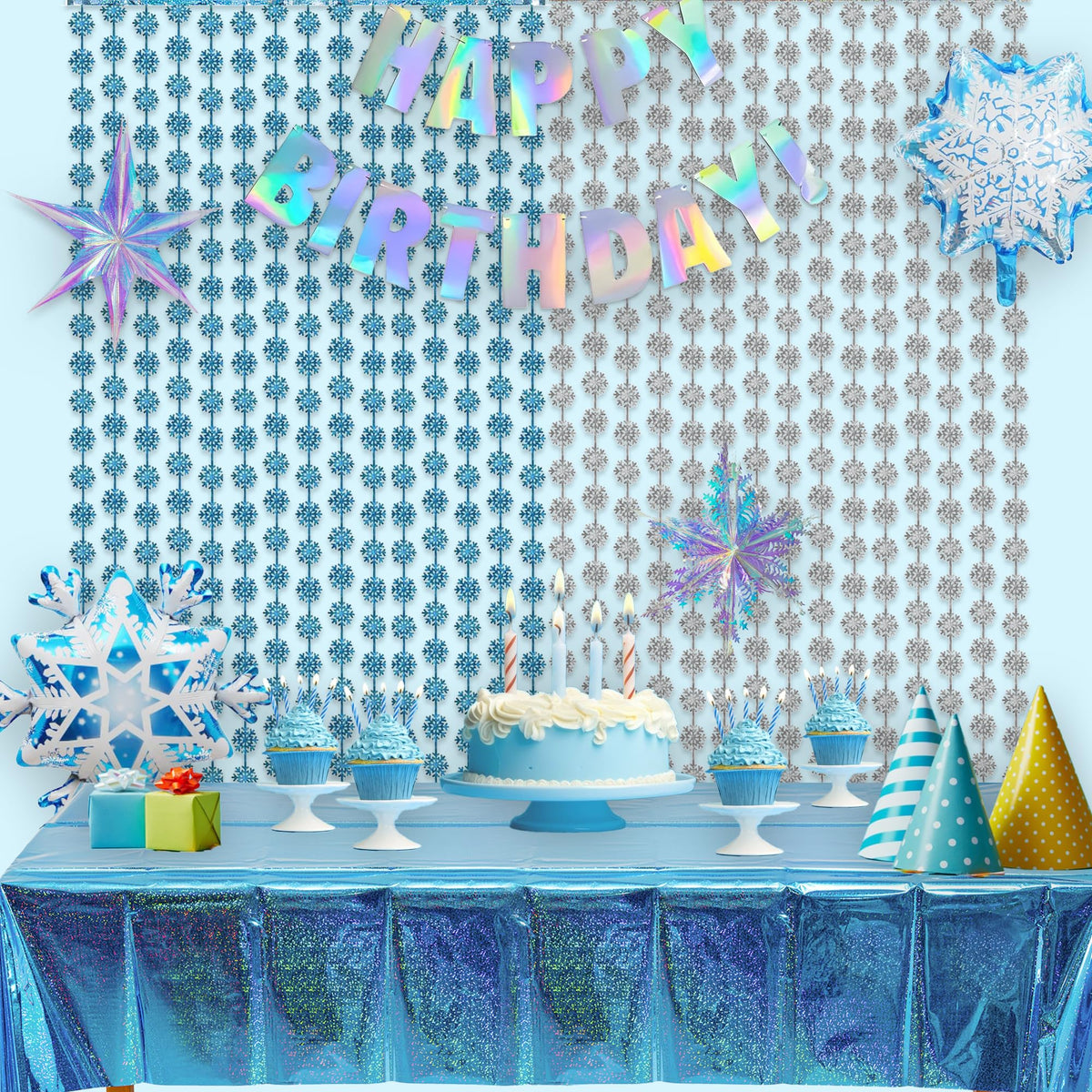 GREATRIL Snowflake Fringe Curtain reflects light to enhance winter wonderland photo scenes