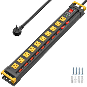 Green Box front view of metal power strip showing ten outlets and benefits of durability