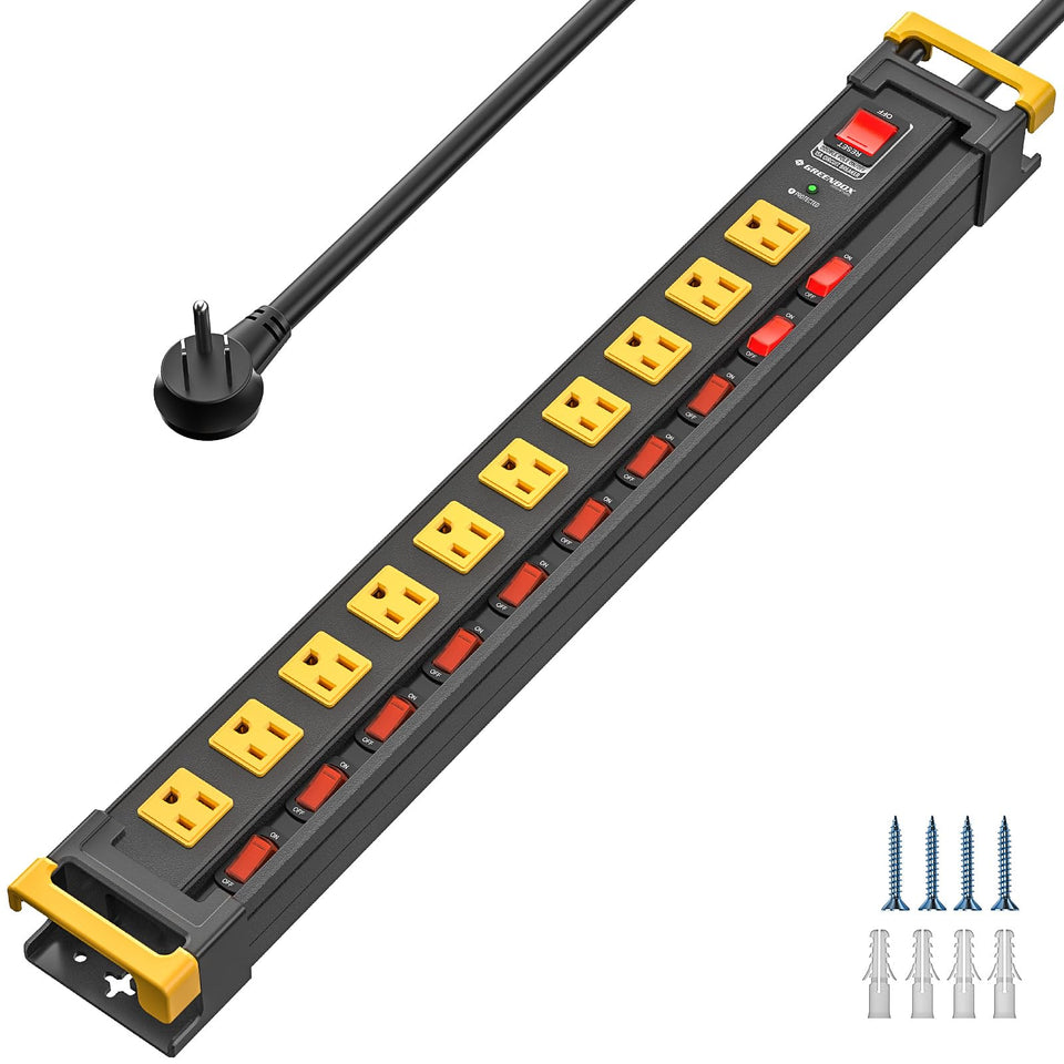 Green Box front view of metal power strip showing ten outlets and benefits of durability