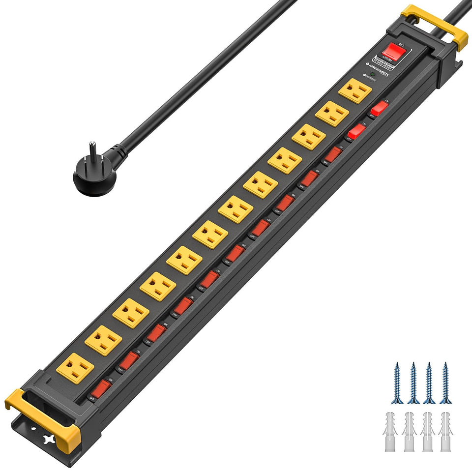 Green Box Innovations 12-outlet power strip front view with surge protection