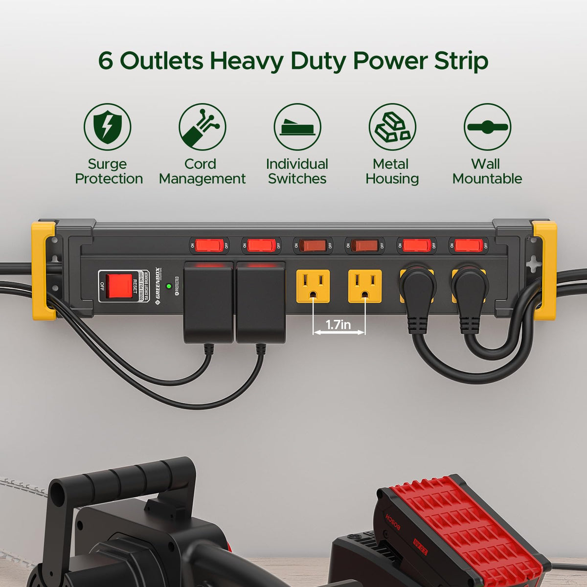 Green Box Innovations 45-degree flat plug and 6ft cord reducing socket obstruction