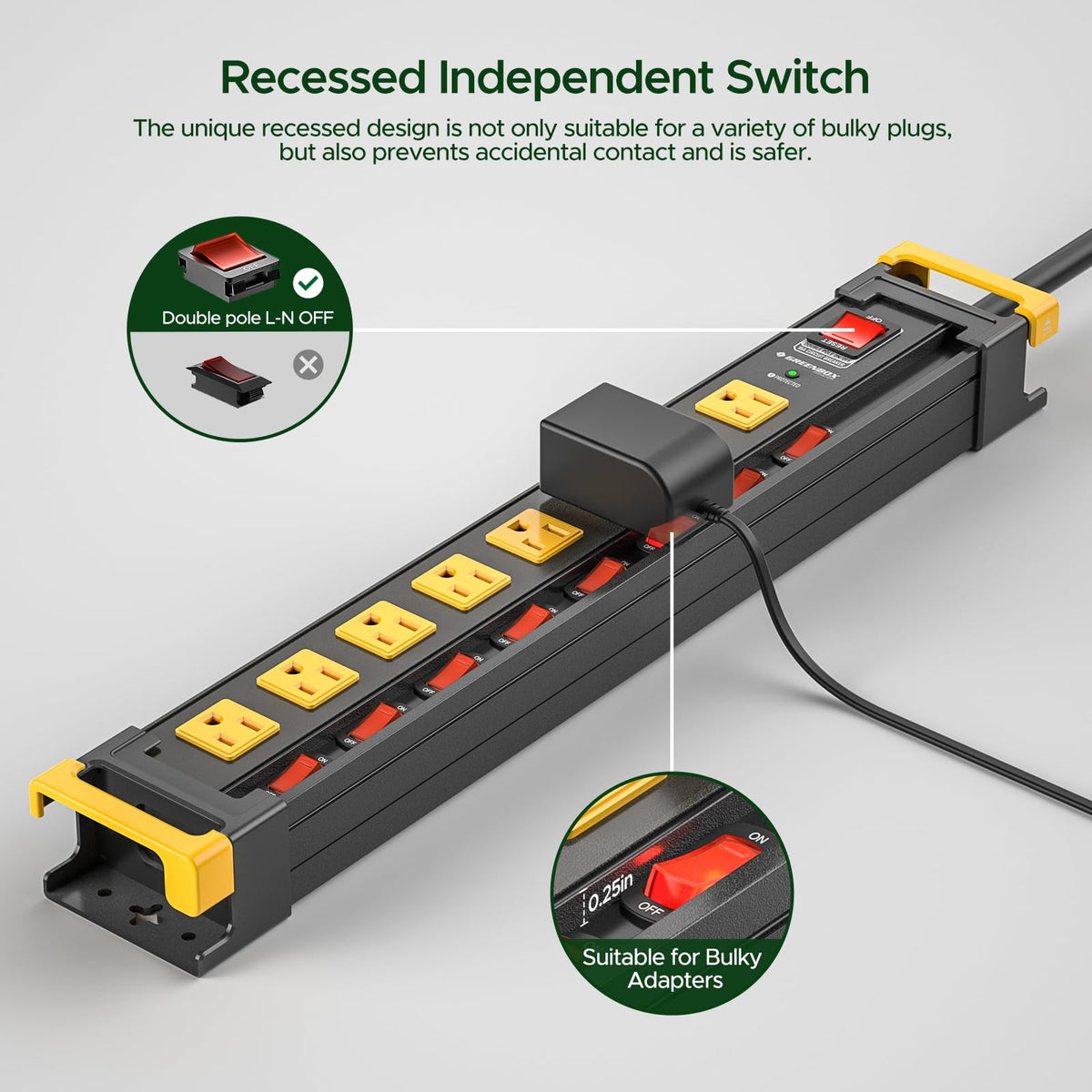 Green Box Innovations close-up of recessed individual switches for safer control