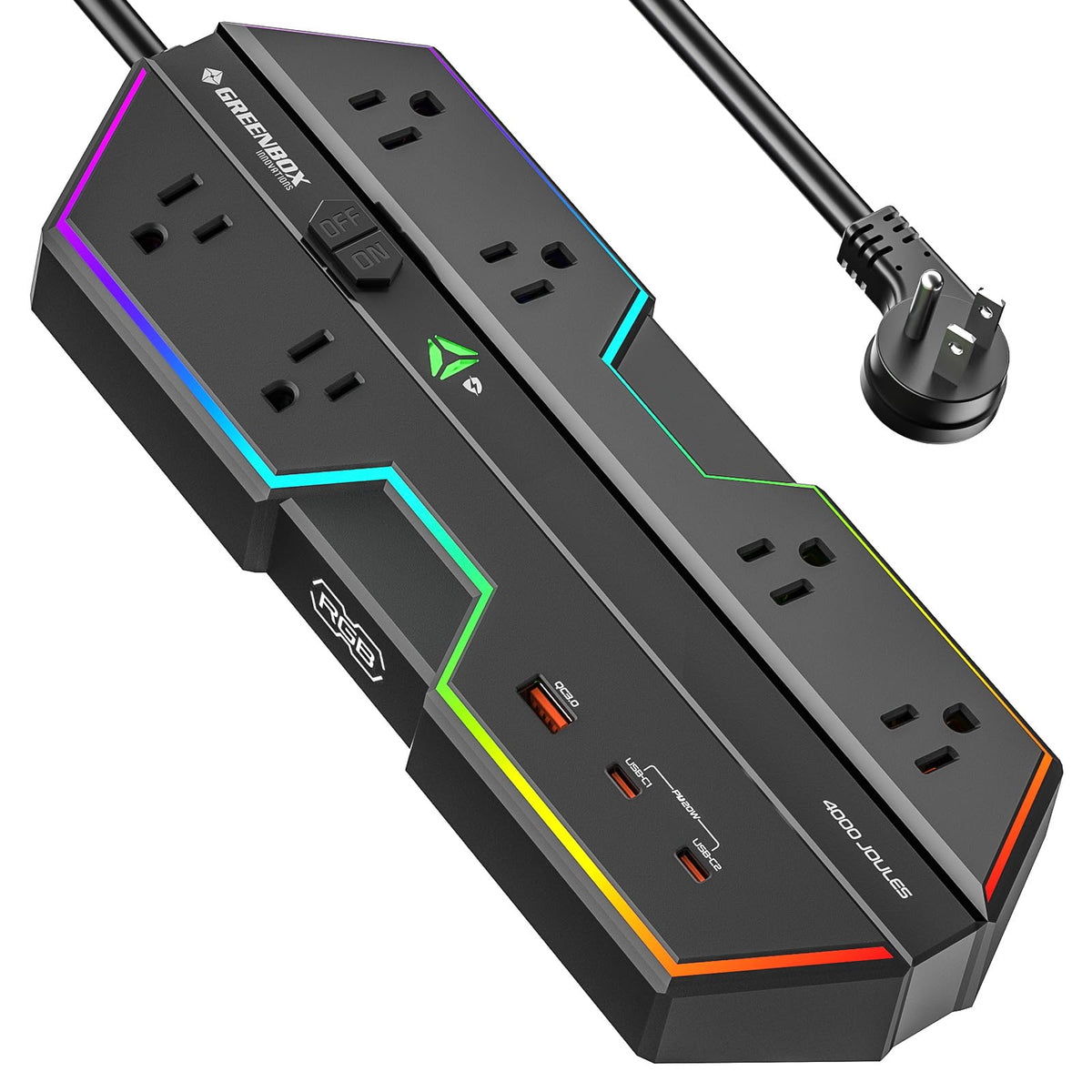 Green Box Innovations front view showing six outlets and RGB lights for organized power