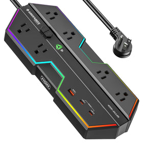 Green Box Innovations front view showing six outlets and RGB lights for organized power