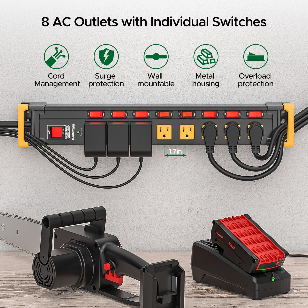 Green Box Innovations detail of wide-spaced outlets accommodating large adapters