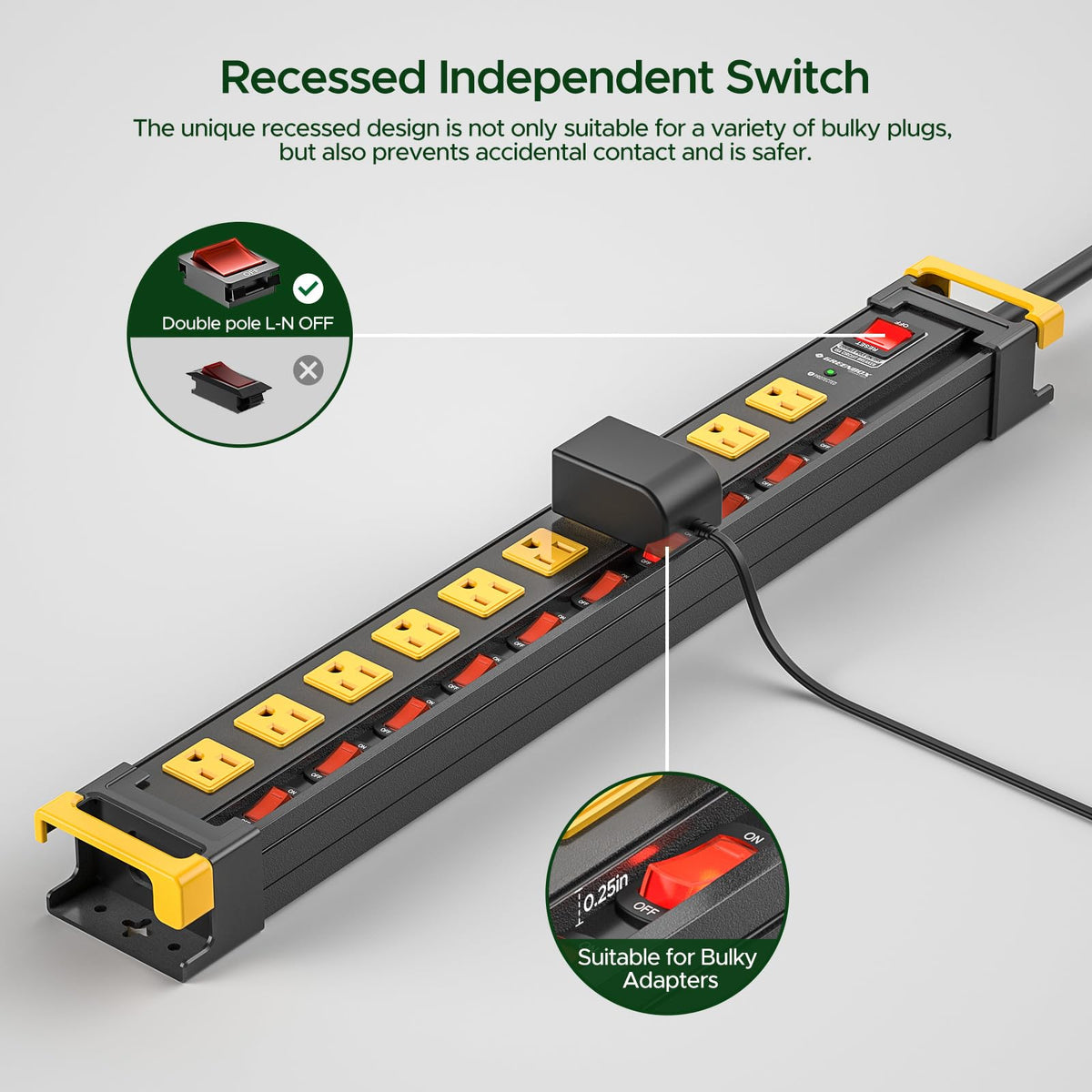 Green Box close-up of recessed individual switches highlighting easy, accidental-free control