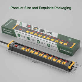 Green Box surge protector label showing 3300J rating and safety certification benefit