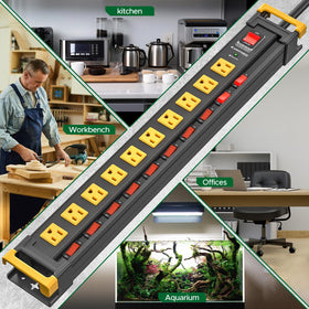 Green Box power strip on workshop bench powering tools and devices for organized workspace