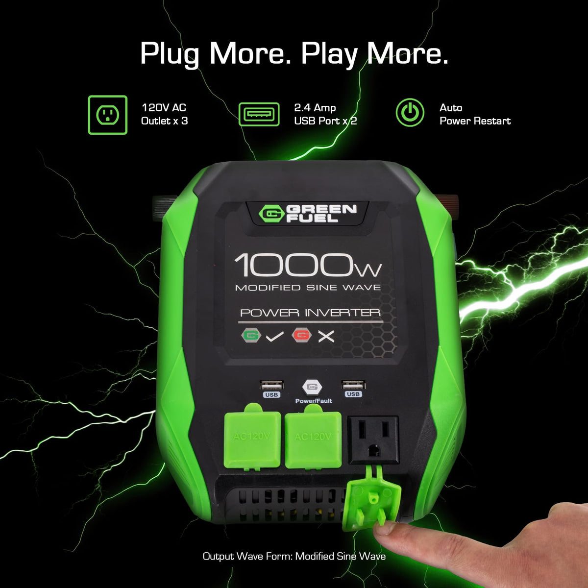 GREEN FUEL 1000W inverter converts 12V DC to reliable AC power.