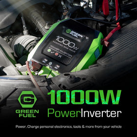 GREEN FUEL 1000W inverter with 3 outlets and USB ports ready for devices.