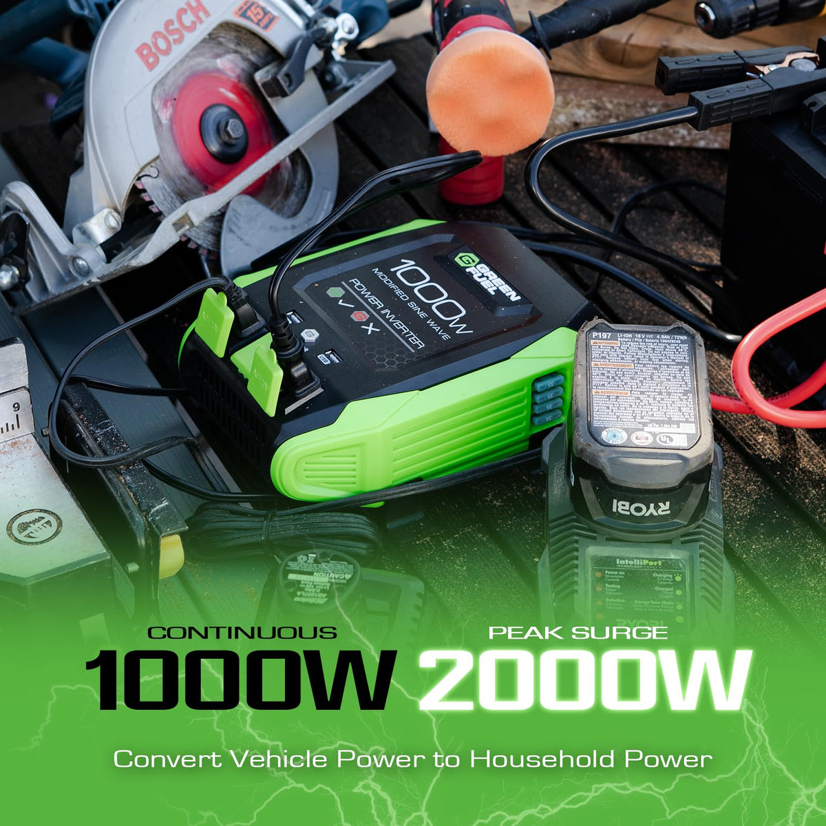 GREEN FUEL 1000W inverter LED indicator shows readiness for quick setup.
