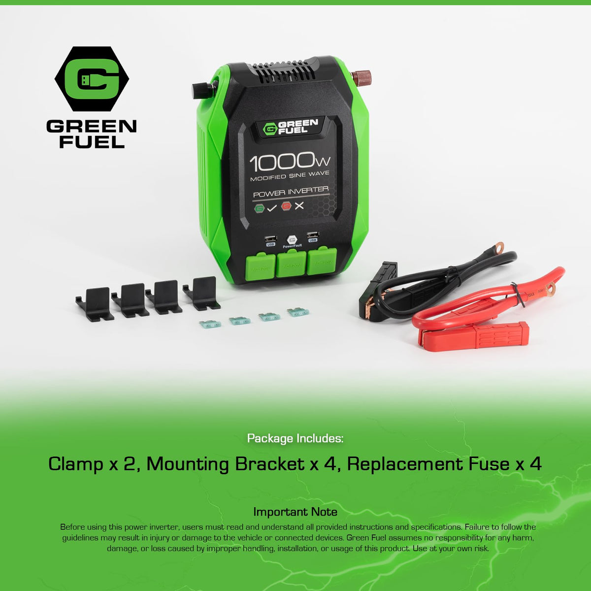 GREEN FUEL 1000W inverter with USB and AC outputs at worksite.