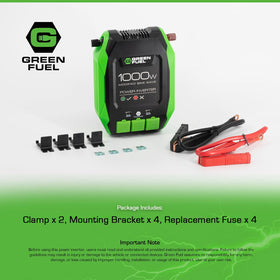 GREEN FUEL 1000W inverter with USB and AC outputs at worksite.