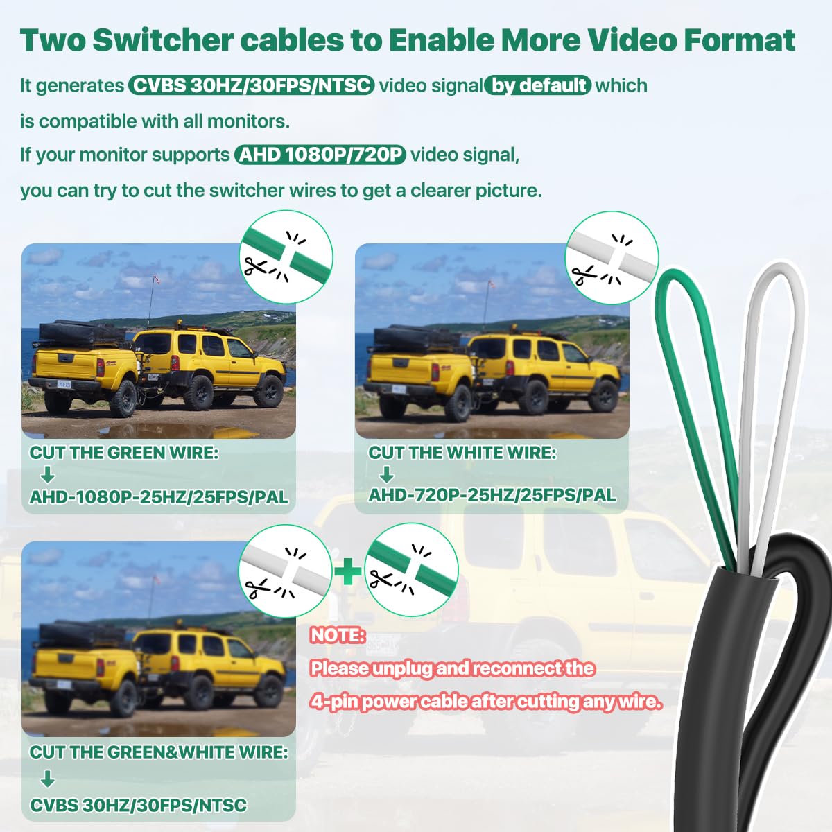 GreenYi cable connectors view highlighting RCA and 4-pin for easy monitor integration