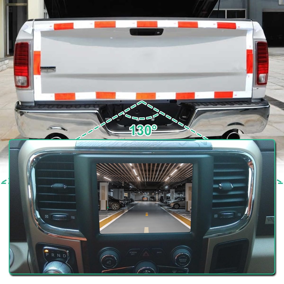 GreenYi rear view camera compatible with RAM and Chrysler models.
