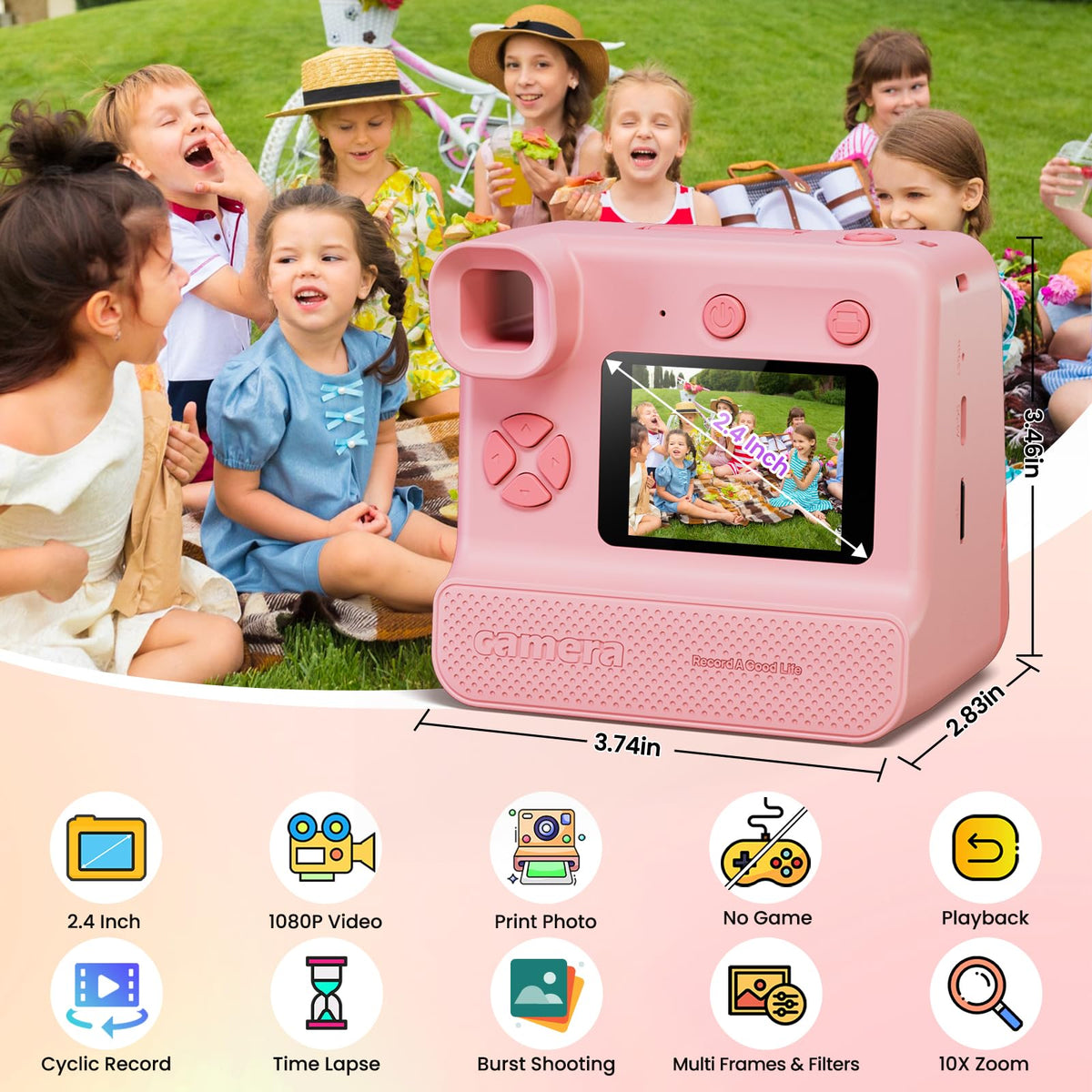 GREENKINDER back screen displaying photo playback and intuitive controls