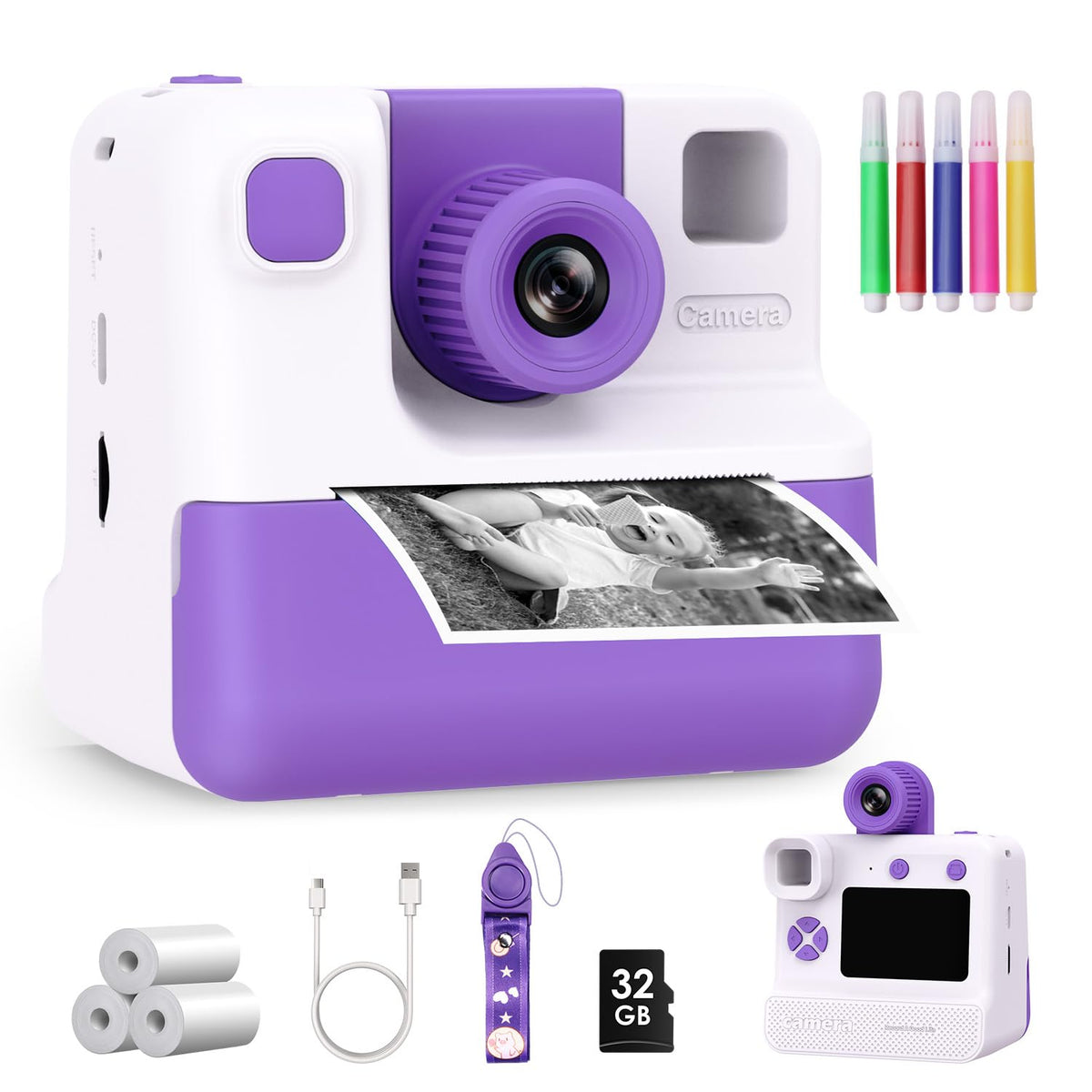 GREENKINDER front view of purple-white camera showing lens and buttons, easy-to-use design