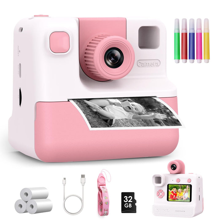 GREENKINDER front packaging showing pink-white camera and accessories for an easy gift