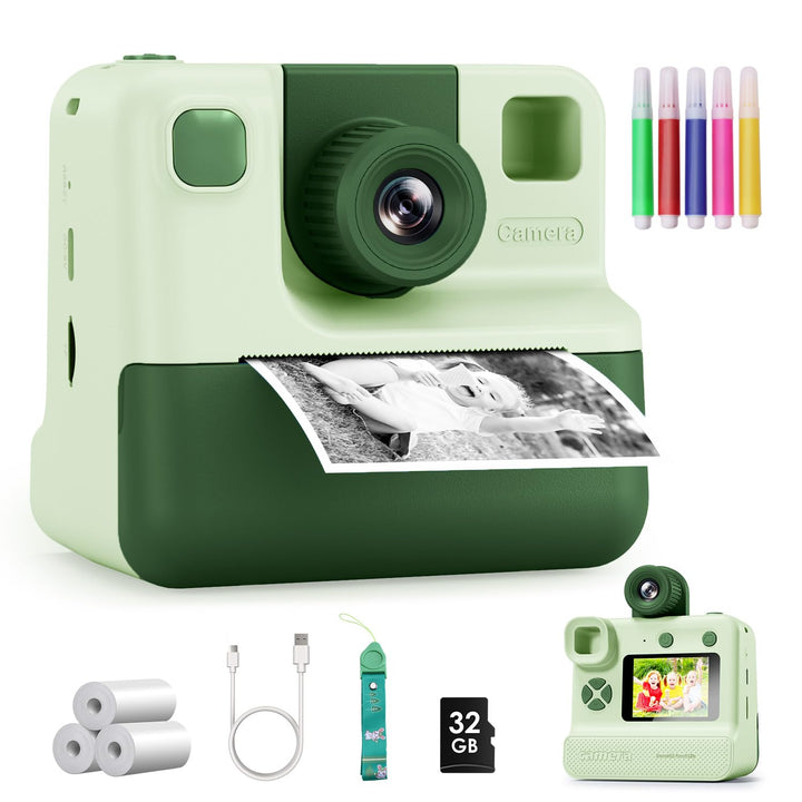 GREENKINDER front view of retro green-white kids camera showing easy controls and flash for simple use