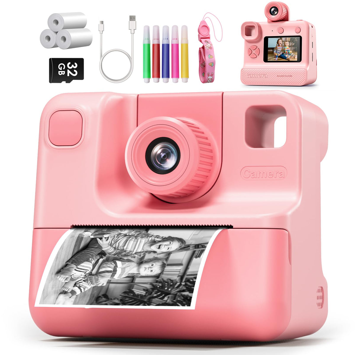 GREENKINDER front view showing camera buttons and bright color, fun and simple