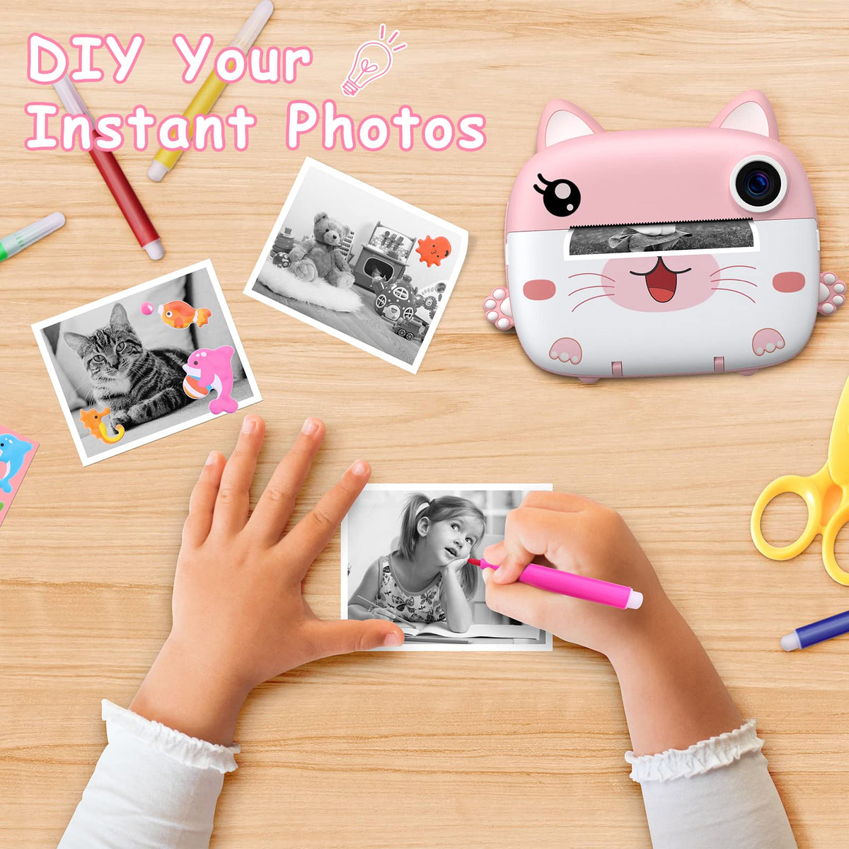 GREENKINDER camera held in a child's hand showing size, travel-friendly benefit