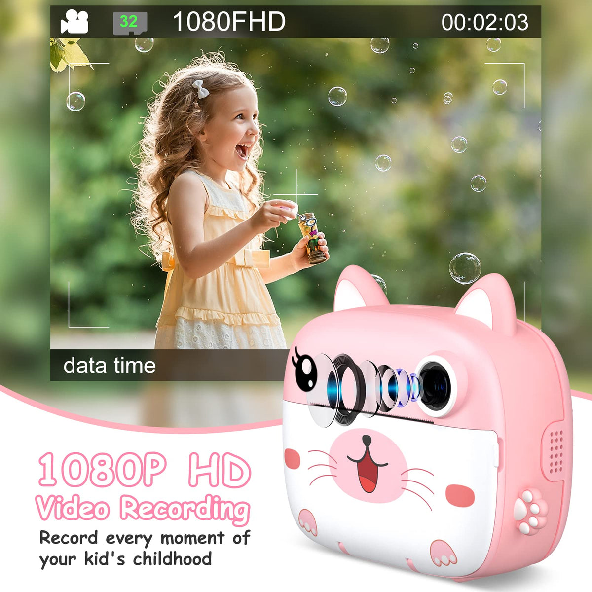 GREENKINDER close-up of thermal print emerging, inkless odor-free printing benefit