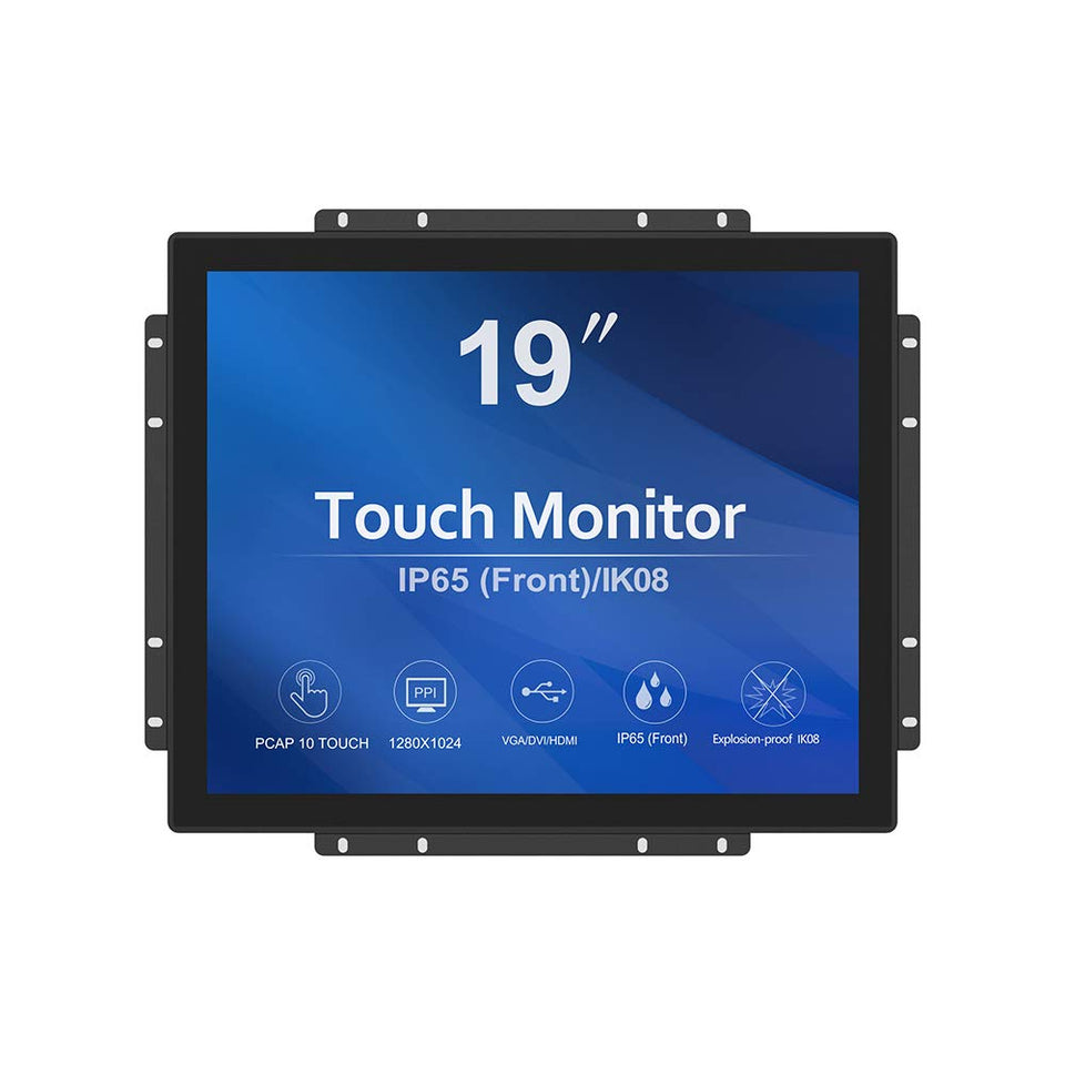 GreenTouch 19-inch open-frame monitor, front view, ideal for kiosk installations with durable touch.