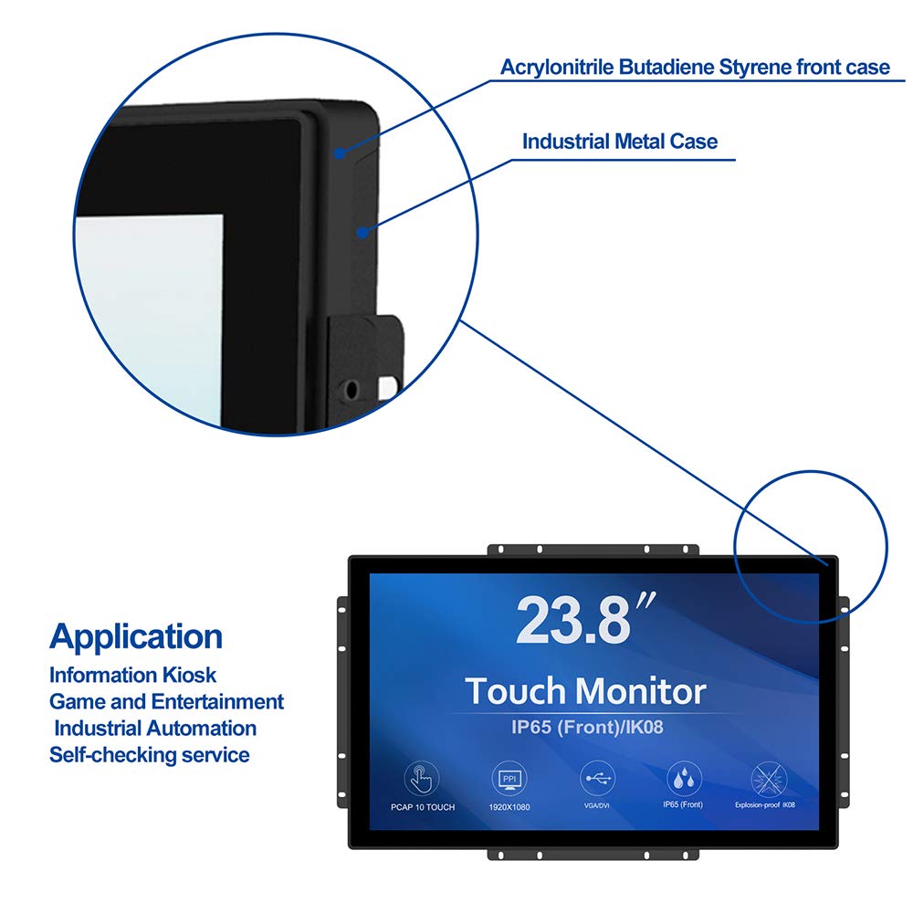 GreenTouch 23.8-inch monitor angled view showing rugged IP65 front seal for harsh environments.