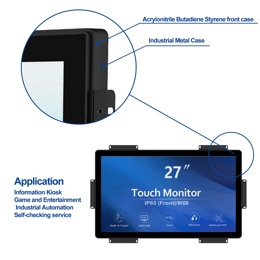 GreenTouch 27in open frame ports show HDMI VGA and DVI