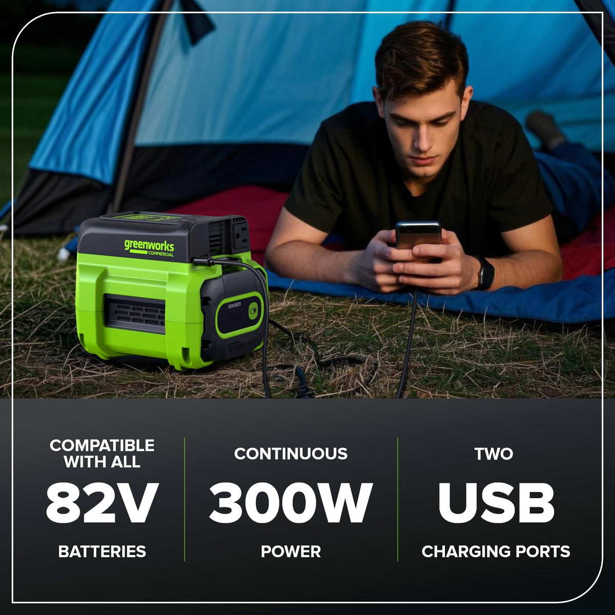 82PI1 shows two USB ports and 120V outlet for charging devices