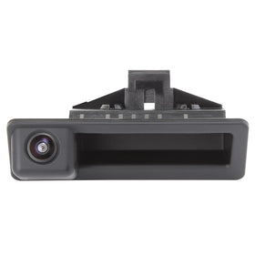 GreenYi front view of trunk-handle camera showing OEM fit and clear framing