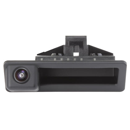 GreenYi front view of trunk-handle camera showing OEM fit and clear framing