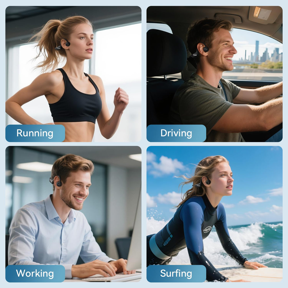 GREYOLK lifestyle image of runner wearing open-ear headphones for safety