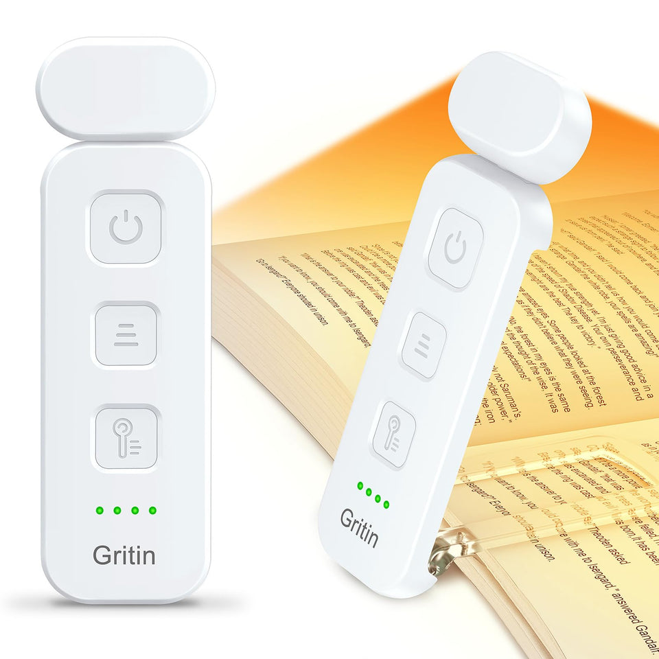 Gritin Reading Light clipped to a book, front view, ideal for bedtime reading.