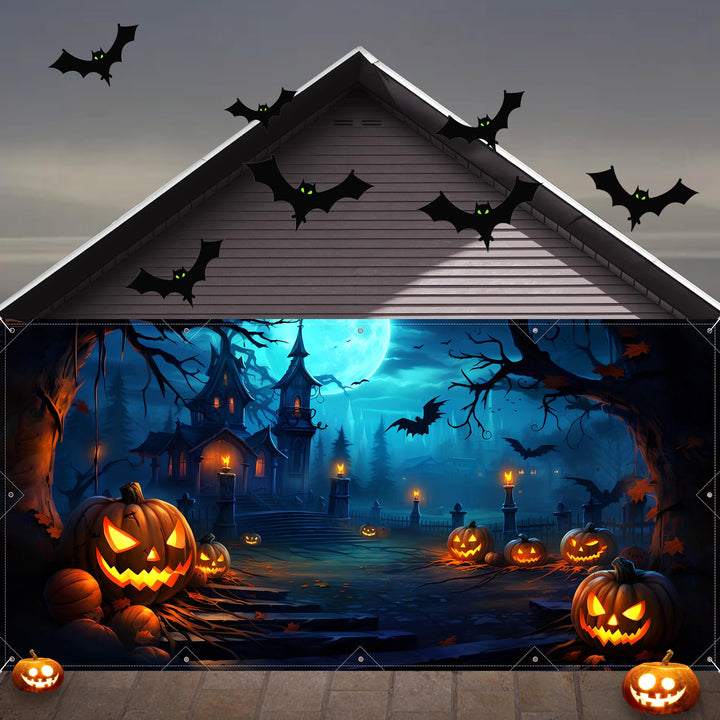GRMIKBU front view on garage showing full Halloween scene and curb appeal