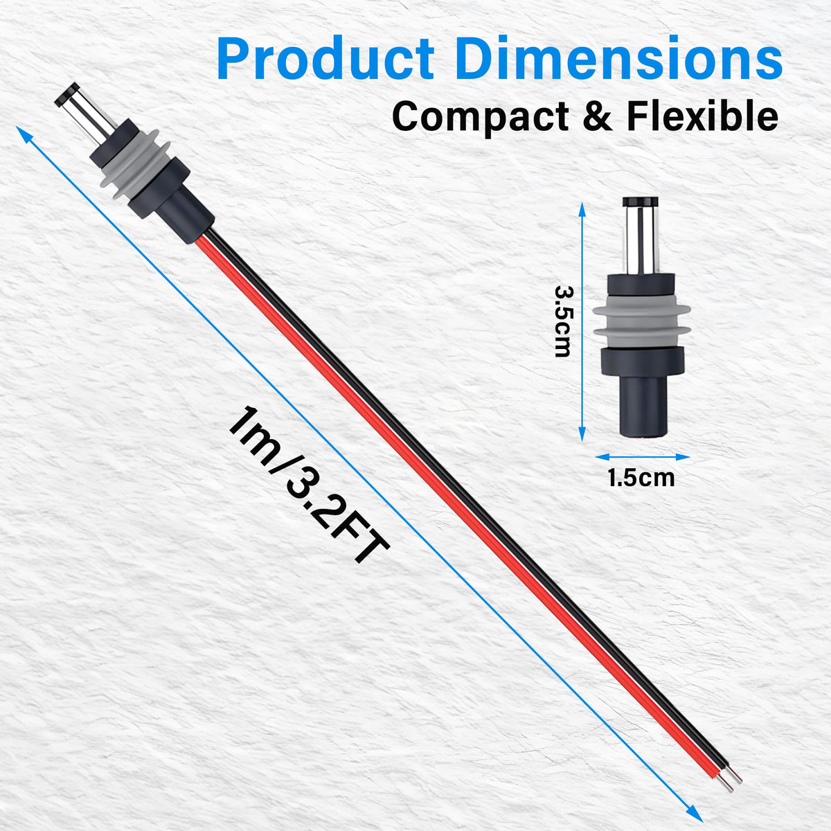 Groovely close-up of DC 5.5x2.1mm waterproof male connector protecting power