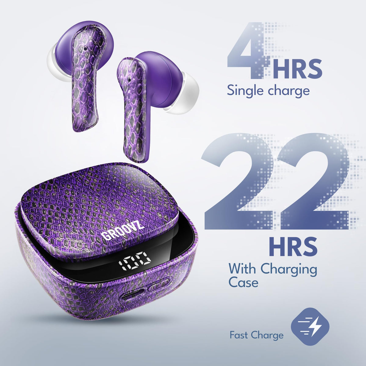 Groovz charging case with LED display indicating battery level for quick checks