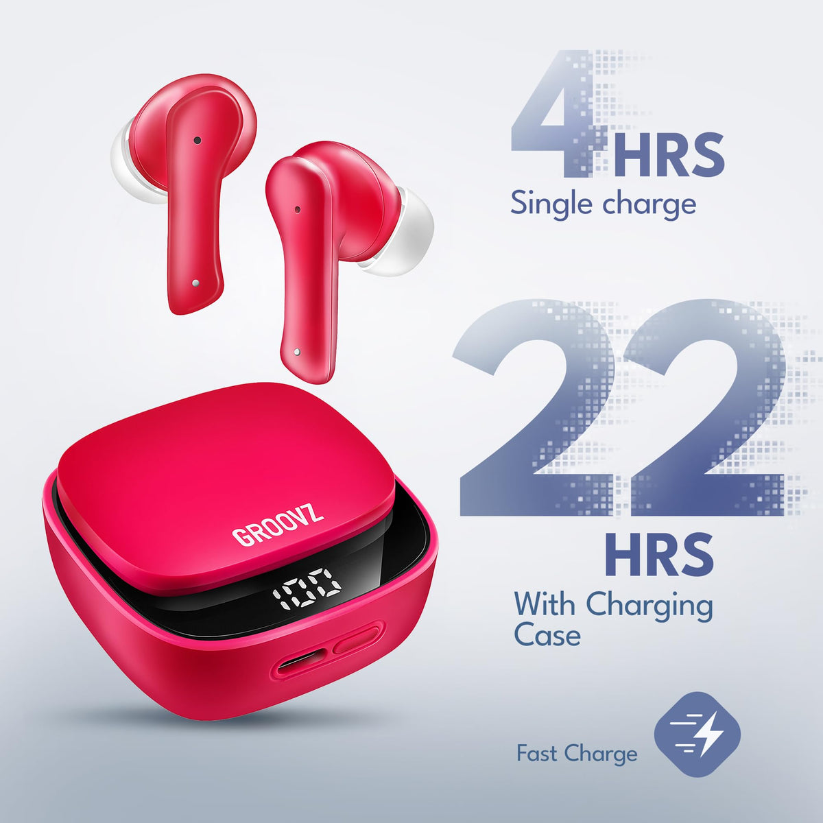 Groovz charging case open with earbuds inside, showing compact portability and recharge benefit