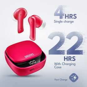 Groovz charging case open with earbuds inside, showing compact portability and recharge benefit
