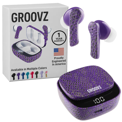 Groovz purple python front packaging showing earbuds and case for easy unboxing