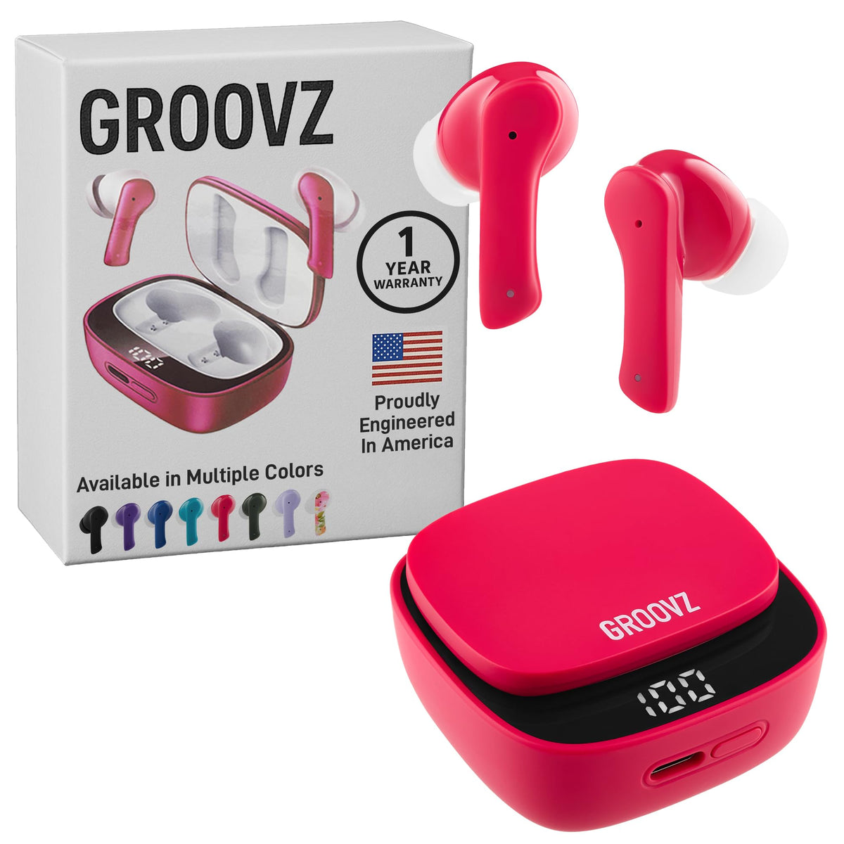 Groovz front packaging showing magenta earbuds and box, highlights style and appeal